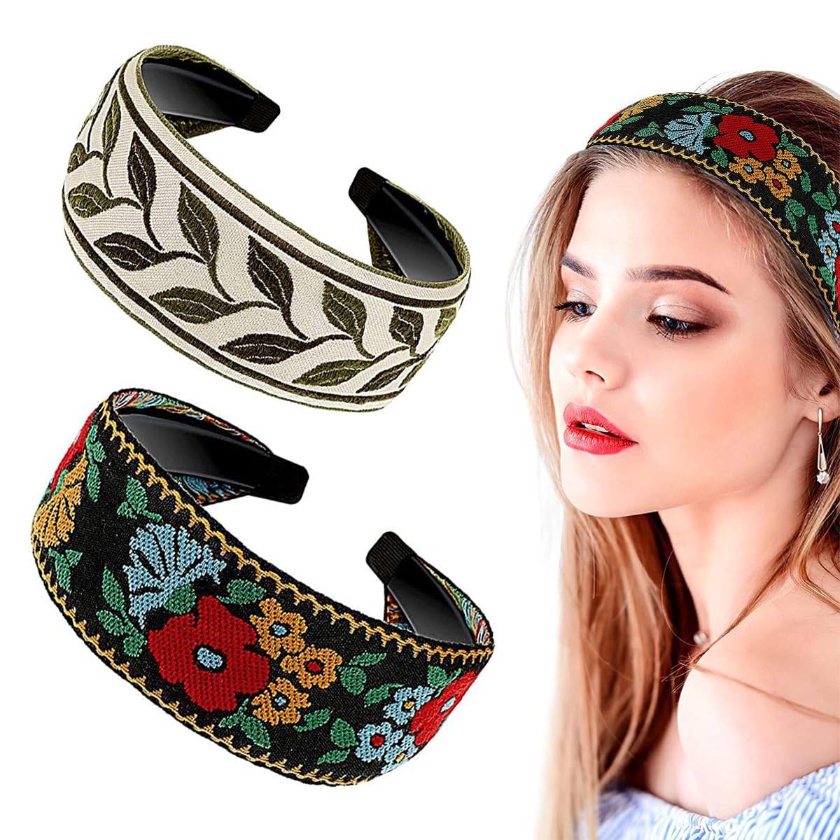 SANNIDHI 2 Pcs Hairband for Women, Bohemia Handmade Embroidery Headband, Vintage Floral Ethnic Style Wide Hair Band for Women Girls Gift Hair Accessories SANNIDHI 2 Pcs Hairband for Women, Bohemia Handmade Embroidery Headband, Vintage Floral Ethnic Style Wide Hair Band for Women Girls Gift Hair Accessories